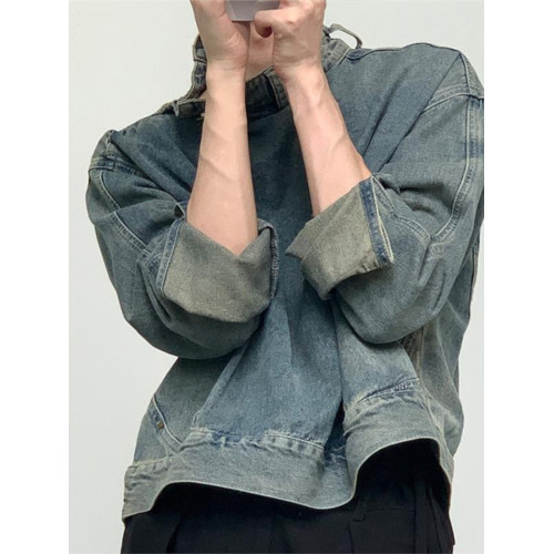 秋季新款韓版潮流休閒牛仔衛衣男寬松個性立領設計感套頭工裝夾克 秋季新款韓版潮流休閒牛仔衛衣男寬松個性立領設計感套頭工裝夾克