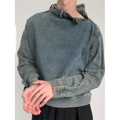 秋季新款韓版潮流休閒牛仔衛衣男寬松個性立領設計感套頭工裝夾克 秋季新款韓版潮流休閒牛仔衛衣男寬松個性立領設計感套頭工裝夾克