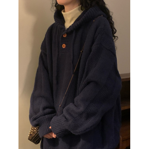 NAGA自製美式復古慵懶風純色休閒百搭加厚連帽套頭針織衫毛衣女潮