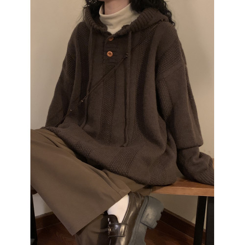 NAGA自製美式復古慵懶風純色休閒百搭加厚連帽套頭針織衫毛衣女潮