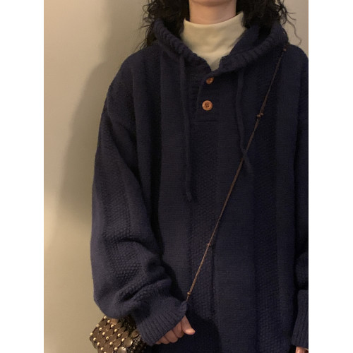 NAGA自製美式復古慵懶風純色休閒百搭加厚連帽套頭針織衫毛衣女潮