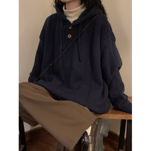 NAGA自製美式復古慵懶風純色休閒百搭加厚連帽套頭針織衫毛衣女潮