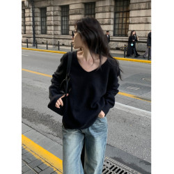韓系高級感黑色V領套頭毛衣女秋冬慵懶風寬松顯瘦針織衫內搭上衣