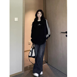 美式潮街復古三條杠圓領秋冬季加絨大碼衛衣男女情侶oversize高街