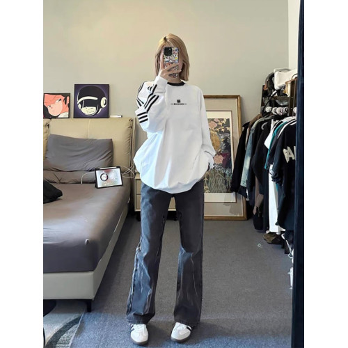 美式潮街復古三條杠圓領秋冬季加絨大碼衛衣男女情侶oversize高街 美式潮街復古三條杠圓領秋冬季加絨大碼衛衣男女情侶oversize高街