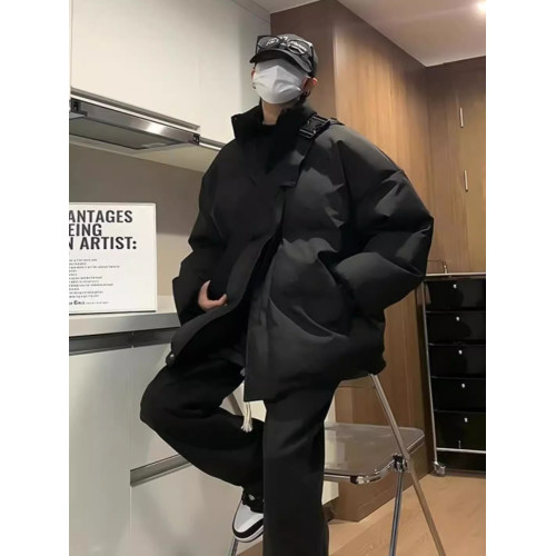 日系純黑色輕薄九江羽絨服男款冬季青少年外套棉服美式立領麵包服