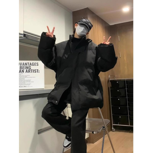 日系純黑色輕薄九江羽絨服男款冬季青少年外套棉服美式立領麵包服