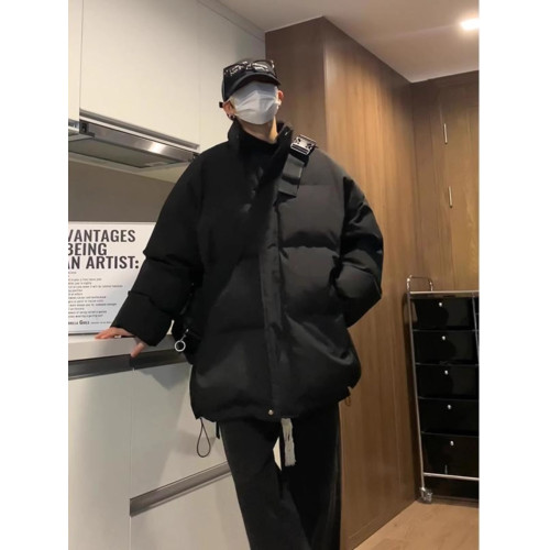 日系純黑色輕薄九江羽絨服男款冬季青少年外套棉服美式立領麵包服