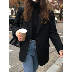 黑色毛呢西裝外套女2025秋冬vintage休閒寬松廓形加厚呢子西服ins