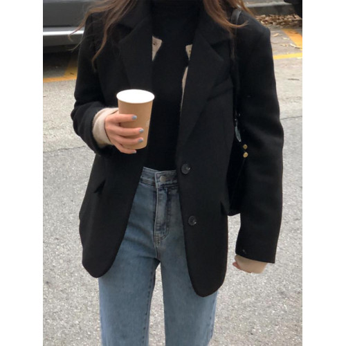 黑色毛呢西裝外套女2025秋冬vintage休閒寬松廓形加厚呢子西服ins 黑色毛呢西裝外套女2025秋冬vintage休閒寬松廓形加厚呢子西服ins