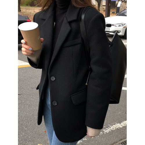 黑色毛呢西裝外套女2025秋冬vintage休閒寬鬆廓形加厚呢子西服ins
