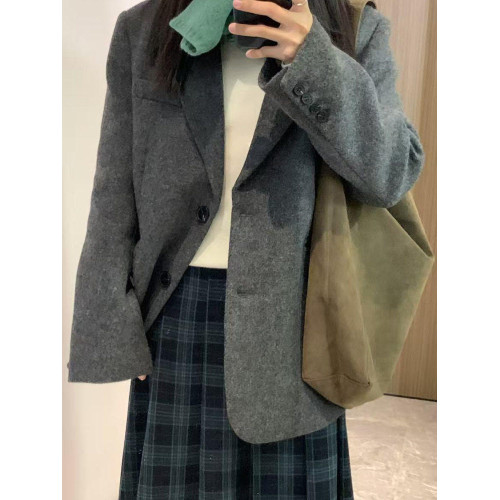 黑色毛呢西裝外套女2025秋冬vintage休閒寬鬆廓形加厚呢子西服ins