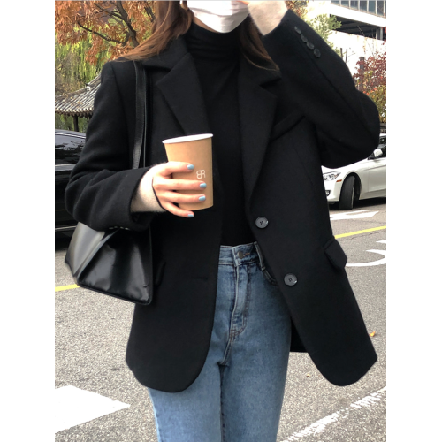 黑色毛呢西裝外套女2025秋冬vintage休閒寬松廓形加厚呢子西服ins 黑色毛呢西裝外套女2025秋冬vintage休閒寬松廓形加厚呢子西服ins