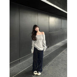 灰色露肩韓系套頭毛衣女秋冬慵懶風寬松氣質小個子長袖一字肩上衣