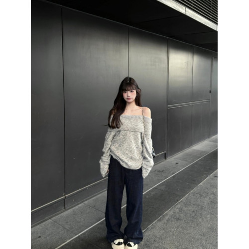 灰色露肩韓系套頭毛衣女秋冬慵懶風寬松氣質小個子長袖一字肩上衣 灰色露肩韓系套頭毛衣女秋冬慵懶風寬松氣質小個子長袖一字肩上衣