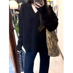 黑色V領慵懶高級感軟糯毛衣女2025新款秋冬季內搭長袖針織衫上衣