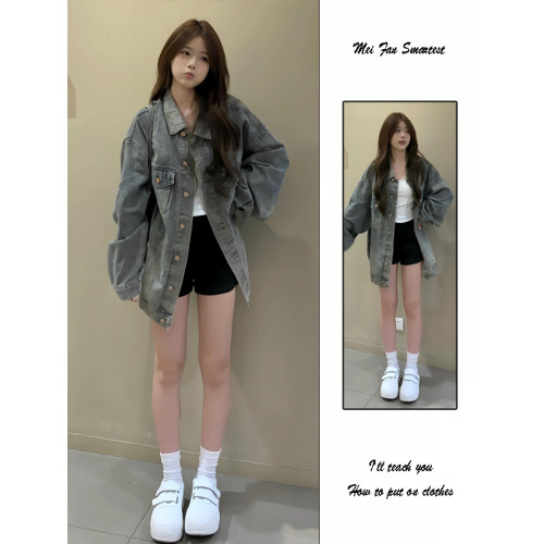 美式復古磨破水洗做舊牛仔外套女2025新款秋冬寬松藍色夾克上衣潮 美式復古磨破水洗做舊牛仔外套女2025新款秋冬寬松藍色夾克上衣潮