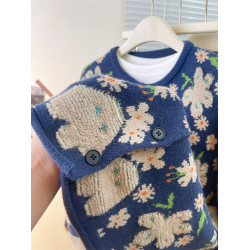 甜美復古花朵慵懶風針織衫毛衣外套女秋冬季加厚高級感寬松上衣潮