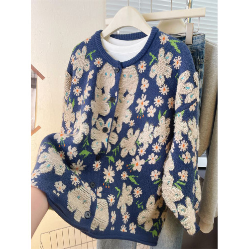 甜美復古花朵慵懶風針織衫毛衣外套女秋冬季加厚高級感寬松上衣潮