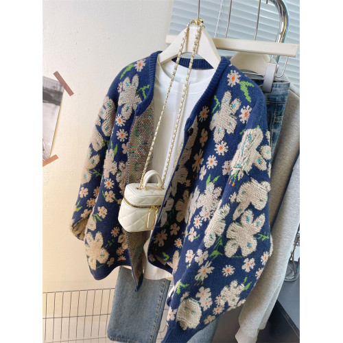 甜美復古花朵慵懶風針織衫毛衣外套女秋冬季加厚高級感寬松上衣潮