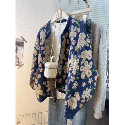 甜美復古花朵慵懶風針織衫毛衣外套女秋冬季加厚高級感寬松上衣潮