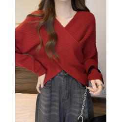 拉夏貝爾白色不規則v領套頭毛衣女秋冬寬松慵懶風短款上衣針織衫