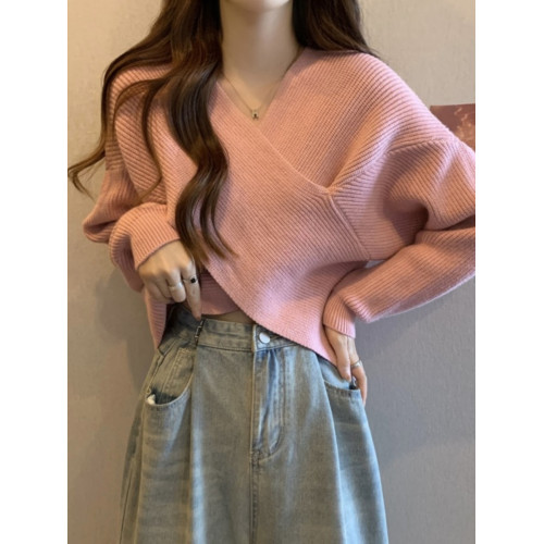 拉夏貝爾白色不規則v領套頭毛衣女秋冬寬松慵懶風短款上衣針織衫