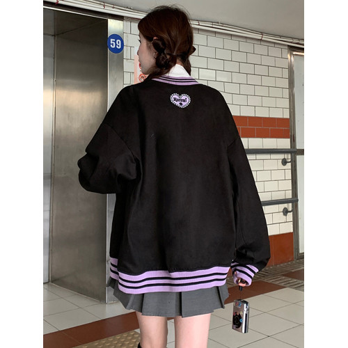 庫洛米可愛黑紫色加厚外套女小個子甜酷寬松棒球服夾克上衣秋冬款
