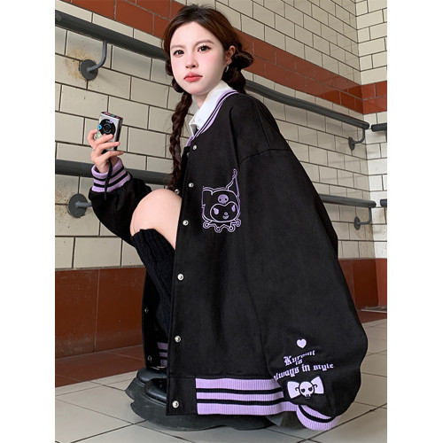 庫洛米可愛黑紫色加厚外套女小個子甜酷寬松棒球服夾克上衣秋冬款