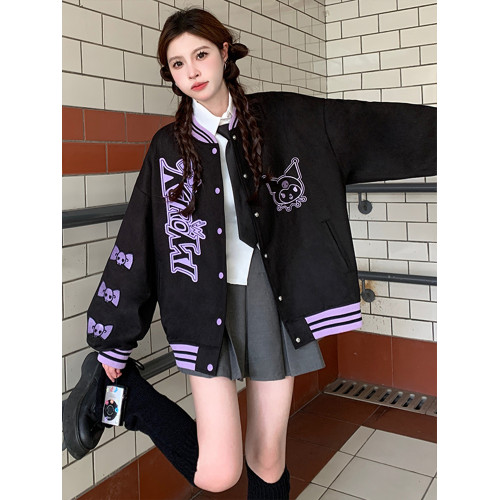 庫洛米可愛黑紫色加厚外套女小個子甜酷寬松棒球服夾克上衣秋冬款