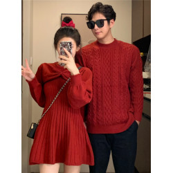 情侶裝秋冬紅色訂婚聖誕毛衣連衣裙女高級感法式針織衫一衣一裙潮