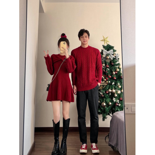 情侶裝秋冬紅色訂婚聖誕毛衣連衣裙女高級感法式針織衫一衣一裙潮 情侶裝秋冬紅色訂婚聖誕毛衣連衣裙女高級感法式針織衫一衣一裙潮