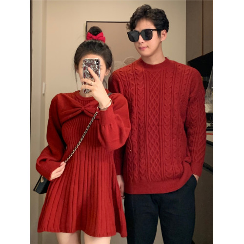 情侶裝秋冬紅色訂婚聖誕毛衣連衣裙女高級感法式針織衫一衣一裙潮 情侶裝秋冬紅色訂婚聖誕毛衣連衣裙女高級感法式針織衫一衣一裙潮