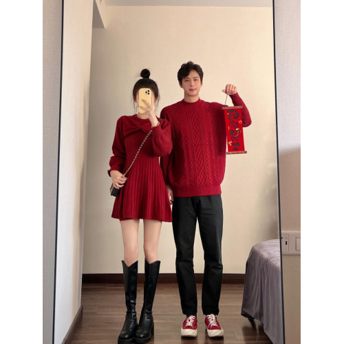 情侶裝秋冬紅色訂婚聖誕毛衣連衣裙女高級感法式針織衫一衣一裙潮 情侶裝秋冬紅色訂婚聖誕毛衣連衣裙女高級感法式針織衫一衣一裙潮