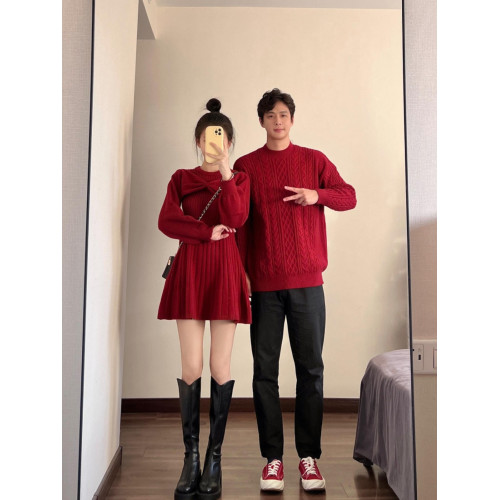 情侶裝秋冬紅色訂婚聖誕毛衣連衣裙女高級感法式針織衫一衣一裙潮 情侶裝秋冬紅色訂婚聖誕毛衣連衣裙女高級感法式針織衫一衣一裙潮