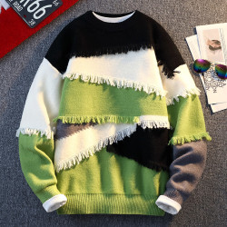 個性拼接毛衣男秋冬款設計感小衆針織衫男青少年痞帥流蘇線衣外套