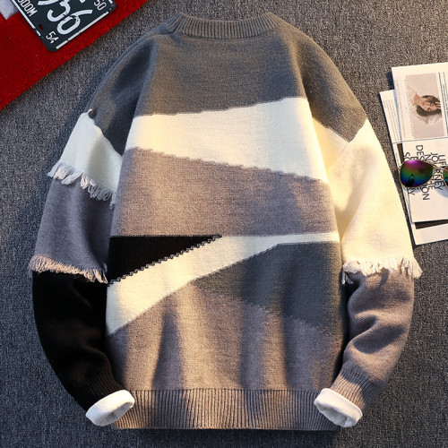 個性拼接毛衣男秋冬款設計感小衆針織衫男青少年痞帥流蘇線衣外套 個性拼接毛衣男秋冬款設計感小衆針織衫男青少年痞帥流蘇線衣外套