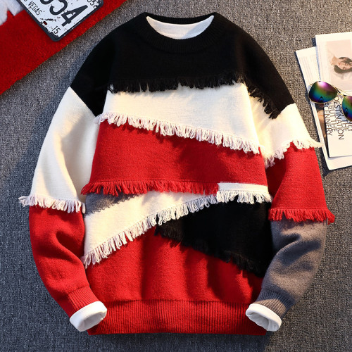 個性拼接毛衣男秋冬款設計感小衆針織衫男青少年痞帥流蘇線衣外套 個性拼接毛衣男秋冬款設計感小衆針織衫男青少年痞帥流蘇線衣外套