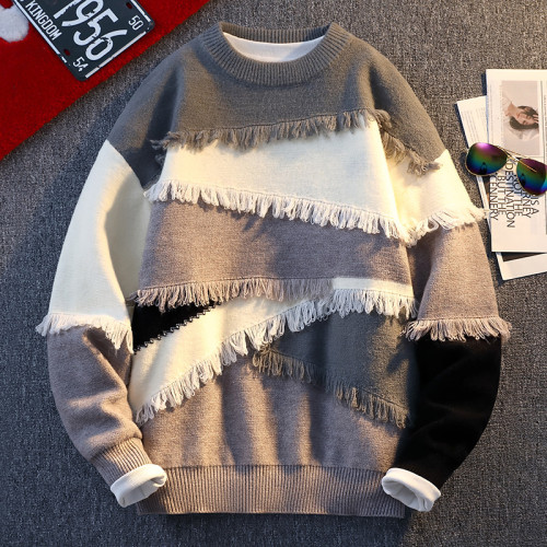 個性拼接毛衣男秋冬款設計感小衆針織衫男青少年痞帥流蘇線衣外套 個性拼接毛衣男秋冬款設計感小衆針織衫男青少年痞帥流蘇線衣外套