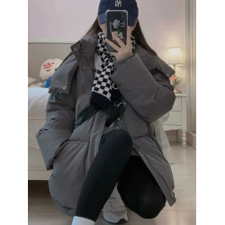 巨好看灰色羽絨服女冬季韓系寬松加厚棉衣中長款夾棉連帽棉服外套