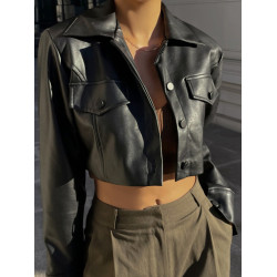 街頭復古翻領雙口袋排釦短款皮衣外套女秋秋高級感機車夾克上衣潮