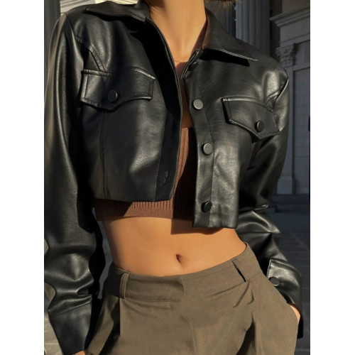 街頭復古翻領雙口袋排釦短款皮衣外套女秋秋高級感機車夾克上衣潮 街頭復古翻領雙口袋排釦短款皮衣外套女秋秋高級感機車夾克上衣潮