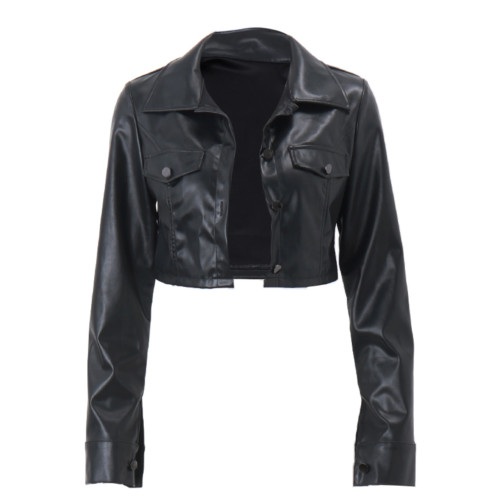 街頭復古翻領雙口袋排釦短款皮衣外套女秋秋高級感機車夾克上衣潮 街頭復古翻領雙口袋排釦短款皮衣外套女秋秋高級感機車夾克上衣潮