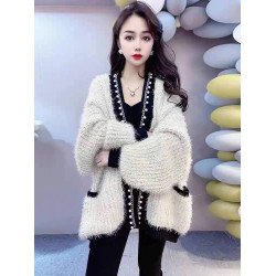 灰色小香風開衫2024秋冬新款亮絲水貂絨毛衣女寬松慵懶風針織外套