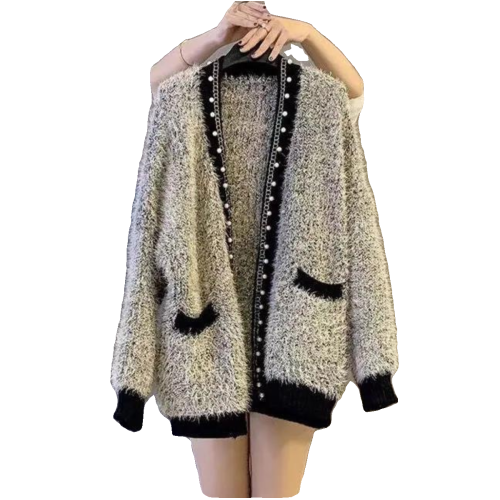 灰色小香風開衫2024秋冬新款亮絲水貂絨毛衣女寬松慵懶風針織外套 灰色小香風開衫2024秋冬新款亮絲水貂絨毛衣女寬松慵懶風針織外套