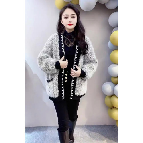 灰色小香風開衫2024秋冬新款亮絲水貂絨毛衣女寬松慵懶風針織外套 灰色小香風開衫2024秋冬新款亮絲水貂絨毛衣女寬松慵懶風針織外套