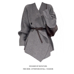 大碼胖妹妹設計感系綁翻領針織開衫女秋冬寬松收腰顯瘦高級感毛衣