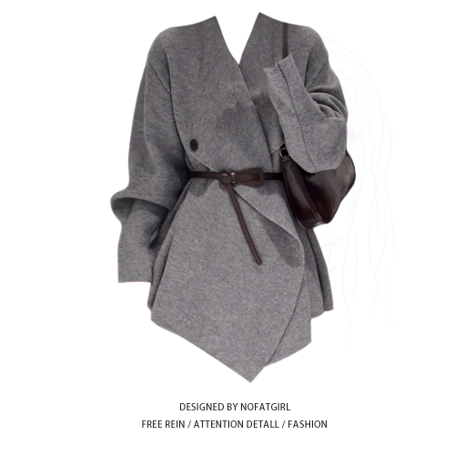 大碼胖妹妹設計感系綁翻領針織開衫女秋冬寬松收腰顯瘦高級感毛衣