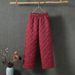 濶腿羽絨棉褲女冬新款保暖外穿高腰時尚綉花休閒直筒外穿媽媽棉褲
