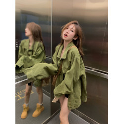 美式復古男友風polo領寬松綠色牛仔外套女春秋中長款夾克開衫上衣